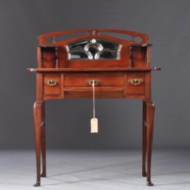 Antiek bureau / Hollands Art Noveau damesbureau in mahonie , met leer ingelegd en geslepen spiegeltjes ca. 1910 (No.812062)