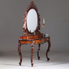 Grote Willem III "Prinsesse-kaptafel" met sterren-stof ca 1875 notenhout mahonie met zwart, kandelaren en kantelbare spiegel (No.941845)