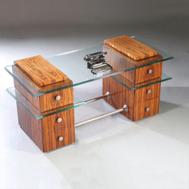 Bureau in palissander met glazen werkblad laat Art Deco ca 1950 met 6 laden (No.953010)