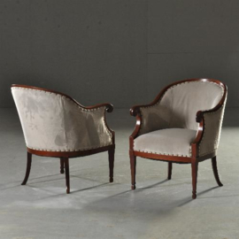 Antieke stoelen / Stel van 2 mahonie clubfauteuils ca. 1900 met muisgrijze velours  (No.181908)