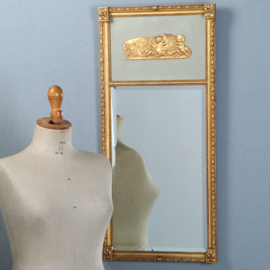Gave korte damspiegel in goud met grijsgroen paneel ca 1920 facet geslepen (No.270125)
