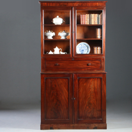 Hoge boekenkast mahonie  met archiefklep en prachtig oud glas ca. 1830 (No.920305)