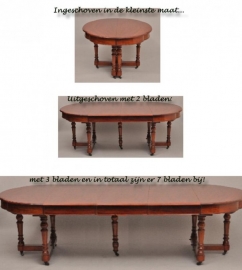 Antieke tafel / coulissentafel ca. 4,80 m. met 7 prachtige inlegbladen (No.473629)