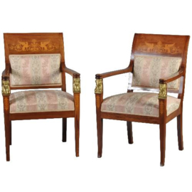 Antieke stoelen / stel van 2 Empire stijl armstoelen ca. 1930 in mahonie met brons (No.422059)