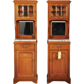 Antiek kasten / stel hoge art deco nachtkastjes ca. 1900 in mahonie met marmer en parelmoer recht en links draaiend (No.212241)