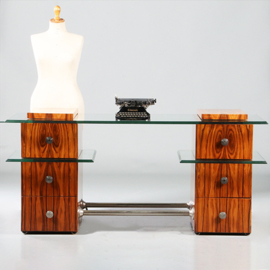 Bureau in palissander met glazen werkblad laat Art Deco ca 1950 met 6 laden (No.953010)