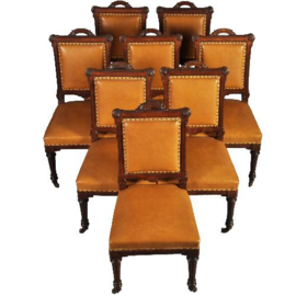 Antieke stoelen / Stel van 8 zware, hoge en brede eetkamerstoelen met bruin leer ca. 1870 (No.290628)