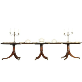 Antieke tafel /  Lange smalle triple pedestal D-end table ca. 1900  massief mahonie (No.340225)