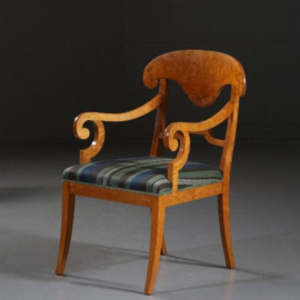 Antieke stoelen / Stel van 6 Blonde Biedermeier stoelen in berkenwortel incl. stof naar keus (No.841276)