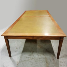 Antieke tafel / Massief mahonie Louis Seize stijl bibliotheektafel 3.5 X 1.5 m met groen leren panelen (No.180401)