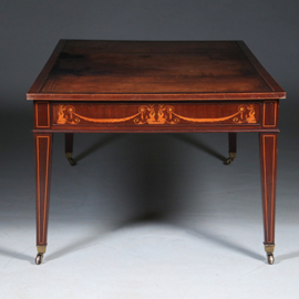 Strakke partnerschrijftafel met zwierig inlegwerk en prachtig doorleefd leer ca 1890 (No.450335)