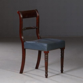 Antieke stoelen / Stel van 8 eetkamerstoelen met blauw leer Engels 1890 mahonie (No.692447)