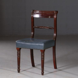 Antieke stoelen / Stel van 8 eetkamerstoelen met blauw leer Engels 1890 mahonie (No.692447)