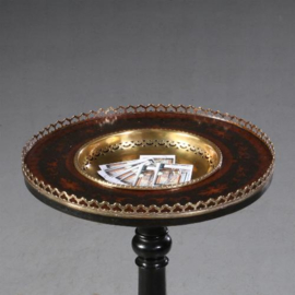 Antieke bijzettafeltjes / Staander voor visitekaartjes ca. 1900 messing schaal in ingelegde tafel (No.702545)
