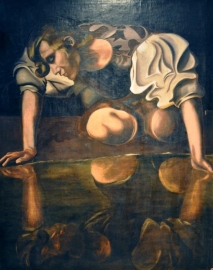 Antiek Schilderij naar: "Narcissus"  Caravaggio 1598/99  ca. 1900 in  Art Nouveau-stijl. (No.9570)&