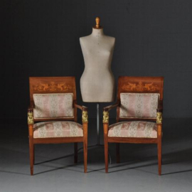 Antieke stoelen / stel van 2 Empire stijl armstoelen ca. 1930 in mahonie met brons (No.422059)