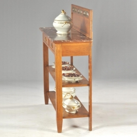 Antieke kast / Frans art deco dessermeubel / sidetable in eikenhout ca. 1900 met rood/bruin marmer (No.501051)
