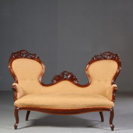 Antieke bank / sofa / canapé Willem III ca. 1870 in mahonie met mais gele stof met diamantjes (No.722120)