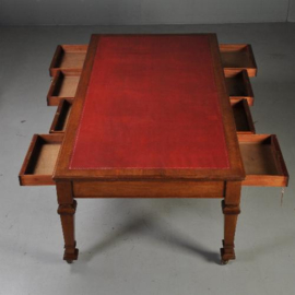 Antieke bureaus / Partner schrijftafel 2,44 m. lang met 8 laden ca. 1890 rood ingelegd (No.341623)