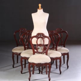 Antieke stoelen / Stel van 6 mahonie Willem III stoelen ca. 1875 bekleed met een lichte velour (No.722114)