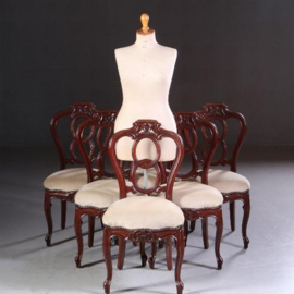 Antieke stoelen / Stel van 6 mahonie Willem III stoelen ca. 1875 bekleed met een lichte velours (No.722114)