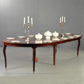 Antieke tafel / Ronde Hollandse mahonie coulissentafel ca. 1800 op tapse gebogen poot (No.341627)