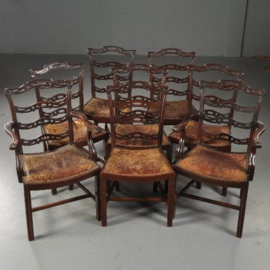 Antieke stoelen / stel van 8 mahonie ladderbacks vm Norman & Stacey 1910 bekleding naar wens (No.481843)