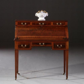 Antiek bureau / Bureau met kwart ronde klep ca. 1870 in mahonie met fijn inlegwerk (No.781544)