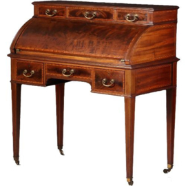 Antiek bureau / Bureau met kwart ronde klep ca. 1870 in mahonie met fijn inlegwerk (No.781544)