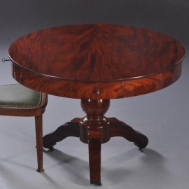 Antieke tafel / Drum table / Ronde mahonie en bloemmahonie tafel met 4 laden ca. 1830 (No.820849)