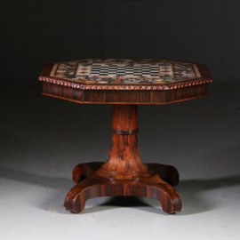 Antieke tafel / schaaktafel / centertable ca. 1840 met pietra dura blad op Palissander voet (No.640857)