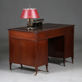 Edwardian bureau op gedraaide pootjes met mooi oud bruin leer ca 1900 (No.960430)