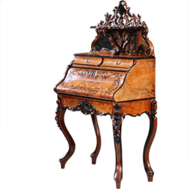 Antieke bureaus / Zeer uitbundige Hollandse Willem III dames secretaire ca 1870 wortelnoten met zwart (No.880255)