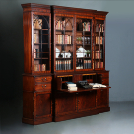 Grote breakfront boekenkast of bibliotheekkast ca 1910 met 8 deuren en bureau (No.280325)