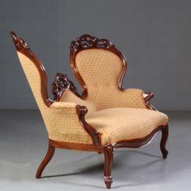 Antieke bank / sofa / canapé Willem III ca. 1870 in mahonie met mais gele stof met diamantjes (No.722120)