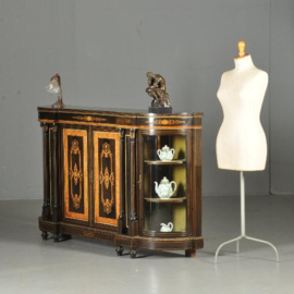 Antieke kast / Victoriaanse credenza ca. 1875 noten,  ebbenhout,  zuilen met spiegels en 2 kwartronde vitrines (No.391354)