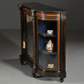 Antieke kast / Victoriaanse credenza ca. 1875 zwart gepolitoerd met noten accenten,  1 spiegeldeur en 2 kwartronde vitrinedeuren (No.432241)