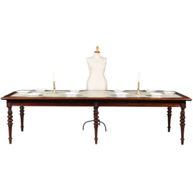 Praktische chique lange noten eetkamertafel of werktafel met wasdoek ingelegd Hollands ca 1880 (No.283040)