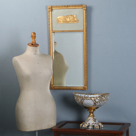 Gave korte damspiegel in goud met grijsgroen paneel ca 1920 facet geslepen (No.270125)
