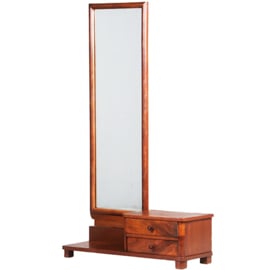 Strakke chique  draaibare facet geslepen passpiegel halspiegel art deco in notenhout frame met 2 laden (No.322150)