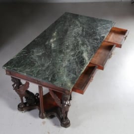 Antieke tafels / Kapitale Empire stijl bibliotheektafel / schrijftafel ca. 1920 met vier gevleugelde vrouwelijke Sfinxen marmer blad (No.572235)