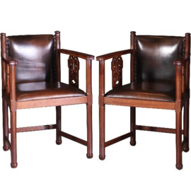 Antieke stoelen / stel van 2 Hollandse bureaustoelen / armstoelen ca. 1900 met leer bekleed (No.582833)