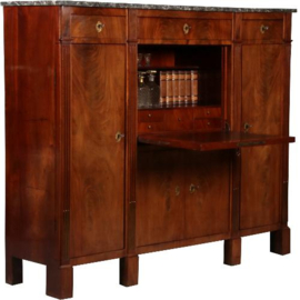 Antiek Bureaus / brede Empire secretaire met boekenkasten / zijkasten ca. 1810 in mahonie met marmer (No.602117)