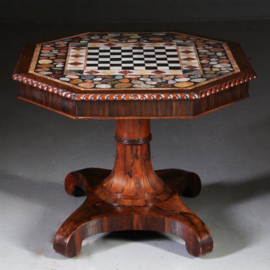 Antieke tafel / schaaktafel / centertable ca. 1840 met pietra dura blad op Palissander voet (No.640857)