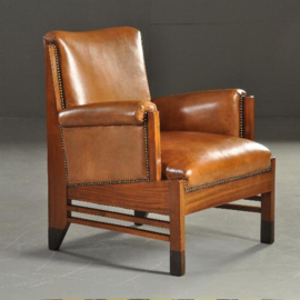 Antieke stoelen / Stel van 2 art deco fauteuils mahonie met leer ca. 1915 (No.200844)