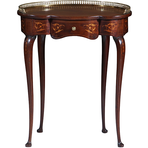 Niervormig latafeltje klein schrijftafeltje Frankrijk ca 1900 met lade inlegwerk en gegoten bronzen balustrade (No.301845)