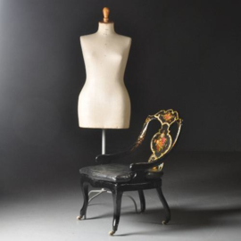 Antieke stoelen / Victoriaanse dames zetel ca. 1855 zwart lakwerk inlegd met parelmoer kussen in leer (No.300756)