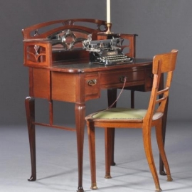 Antiek bureau / Hollands Art Noveau damesbureau in mahonie , met leer ingelegd en geslepen spiegeltjes ca. 1910 (No.812062)