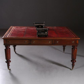 Antiek bureau / Partner Schrijftafel  ca. 1860 met 6 laden en rood goud gepreegd leer (No.781547)