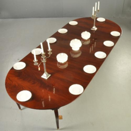 Antieke tafel / Ronde Hollandse mahonie coulissentafel ca. 1800 op tapse gebogen poot (No.341627)